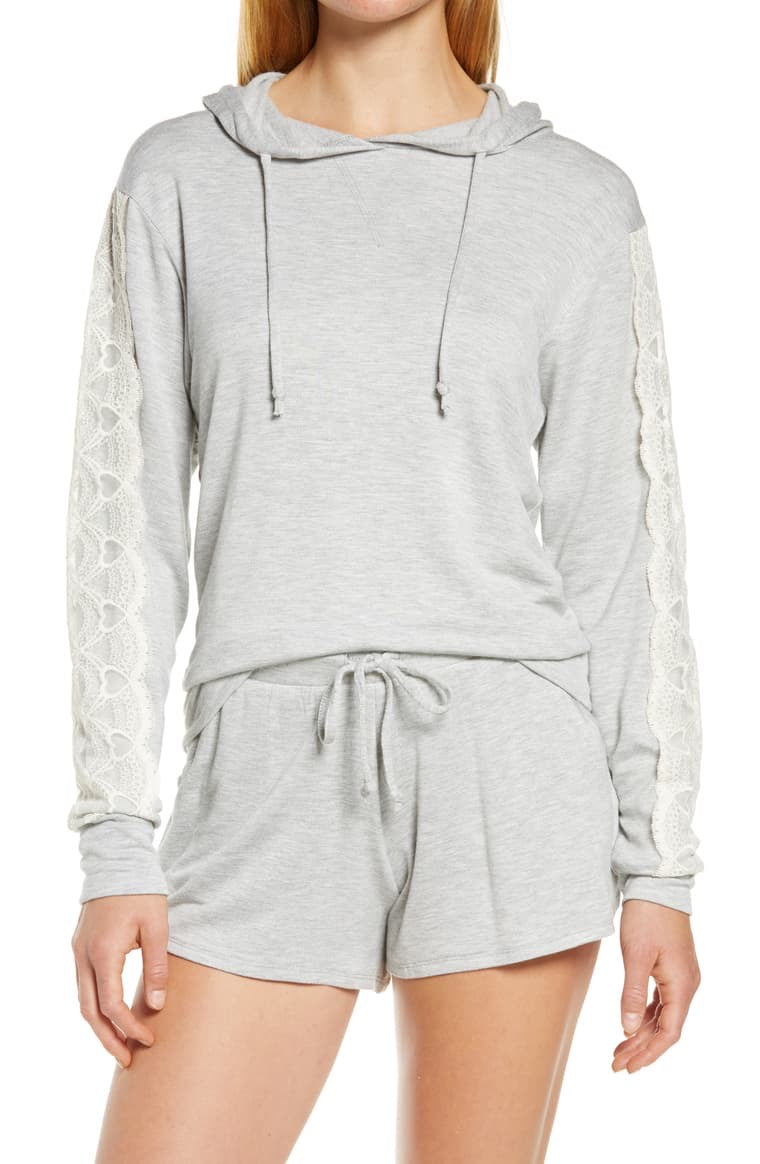 Lace trim French short hoodie Gray pajamas