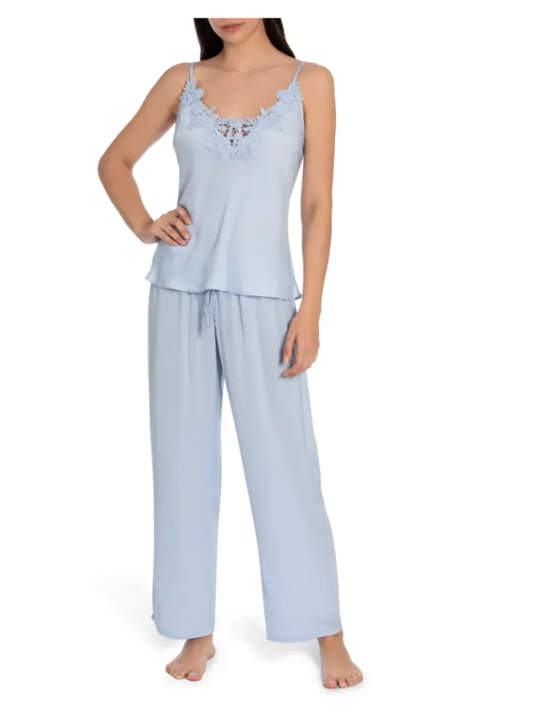 Pearl Satin & Lace Pajamas In Sky Blue
