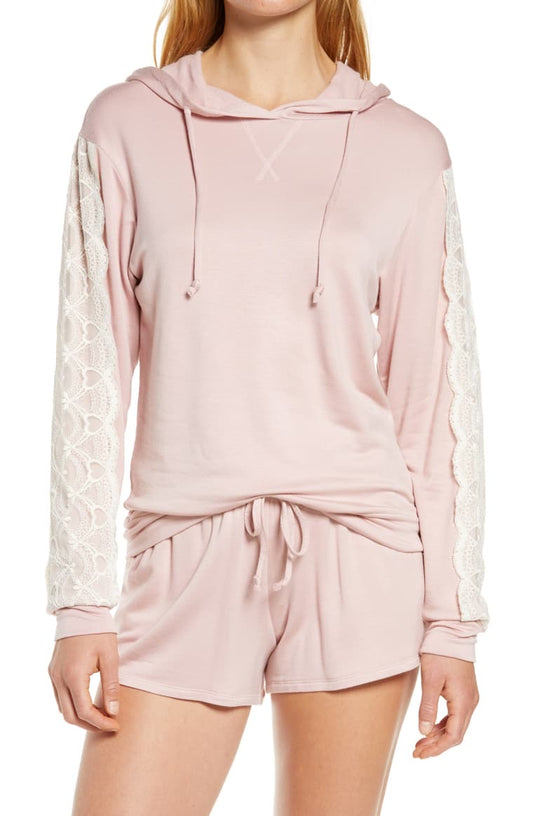 Lace trim French short hoodie Pink pajamas