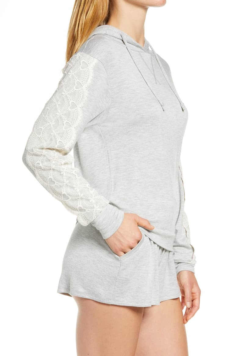 Lace trim French short hoodie Gray pajamas